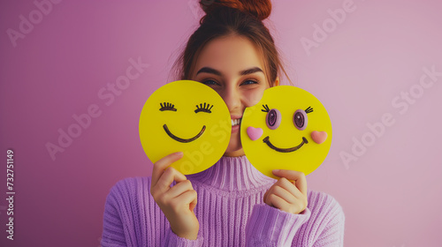 A woman is holding two yellow smiley faces in front of her face photo