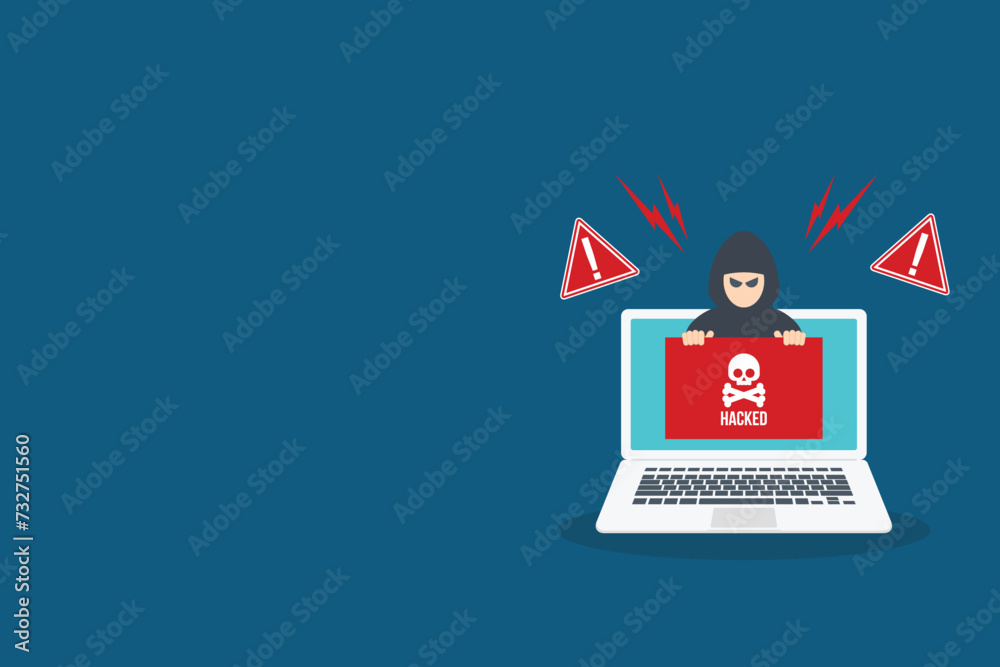 Hacker with laptop computer stealing confidential data, personal information and credit card detail. Hacking concept.
Hacker with laptop computer stealing confidential data, personal information and credit card detail. Hacking concept.