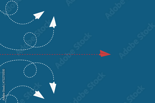 Think differently concept. Red airplane changing direction. Vector illustration 