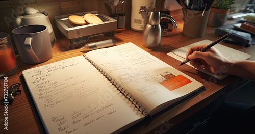 In a pub, a man sits with a pen in his hand busy jotting down information, creating a schedule, or summarizing an online report.