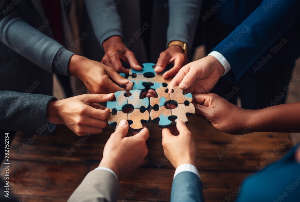 Group of hands joining puzzle pieces together symbolizing teamwork - obrazy, fototapety, plakaty 