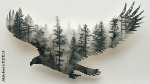 Artistic double exposure of an eagle and a dense forest