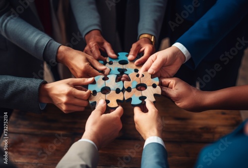 Group of hands joining puzzle pieces together symbolizing teamwork photo