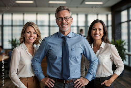 Tres personas de pie juntas, formando un grupo de trabajo
