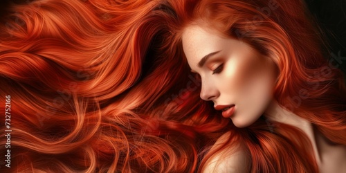Luxurious red hair flowing freely, showcasing vibrant color and volume photo