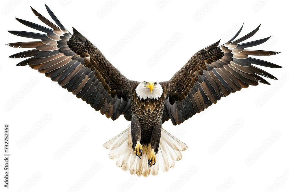 Obraz premium A bald eagle soars with spread wings on white background