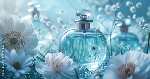 catrice perfume bottles with flowers and blue grass