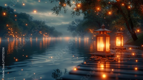 Lanterns by the lake with fantasy forest background, sparkling night. Generative AI.