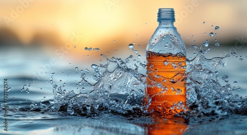 A refreshing burst of orange flavor dances amidst the rippling waves as a bottle of soft drink plunges into the cool, clear waters