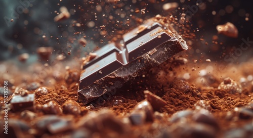 A decadent chocolate bar plunges into the rustic, outdoor ground, transforming into a rich and velvety powder that evokes a sense of indulgence and nostalgia photo