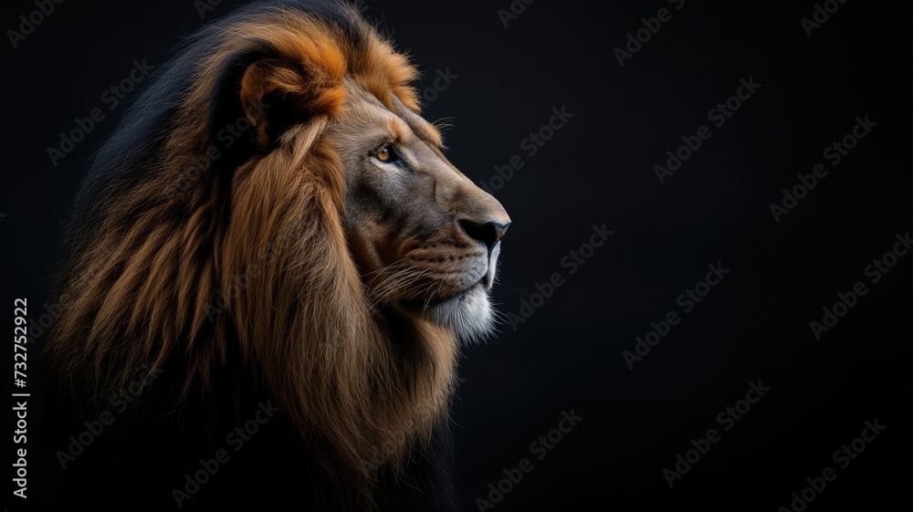 Majestic lion with a penetrating gaze in the darkness