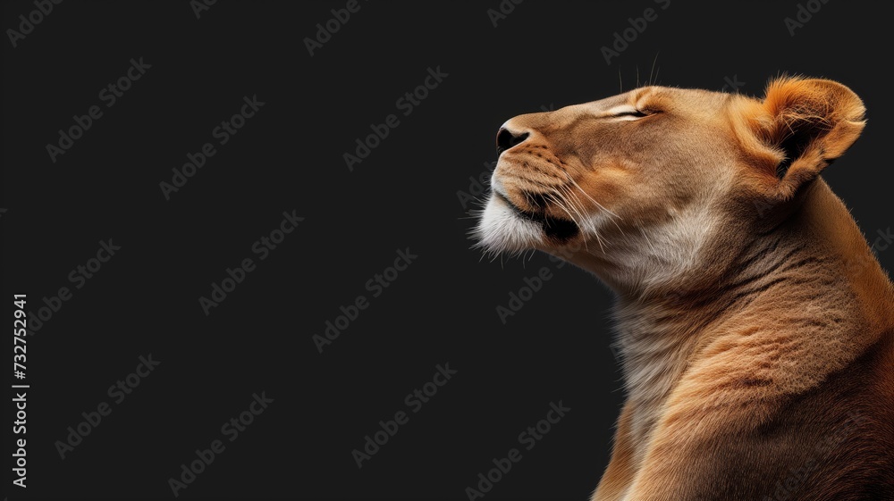 Obraz premium Majestic lioness looking upwards, her gaze set against a dark background