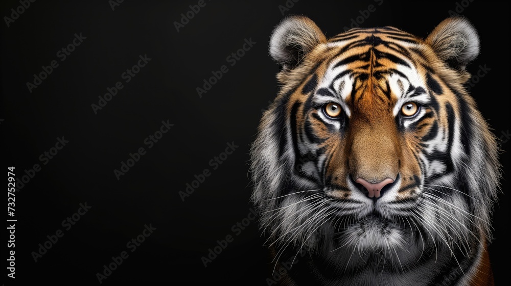 Close-up of a tiger's face with striking eyes against a dark backdrop
