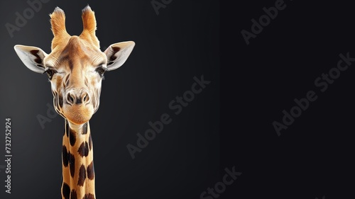 A close-up portrait of a giraffe, looking down with a curious expression against a stark black backdrop