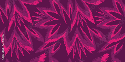 Floral seamless pattern with leaves. Pink and purple background with grunge leaves ornament for fabric, textile, wrapping paper.