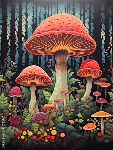 Mushroom Vintage Painting: Whimsical Forests in Nature Art for Woodland Wall Decor