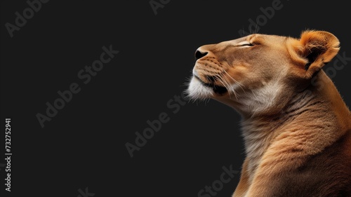 Majestic lioness looking upwards, her gaze set against a dark background