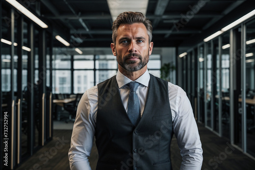 Un hombre viste un elegante traje y corbata mientras se encuentra de pie en una oficina. photo