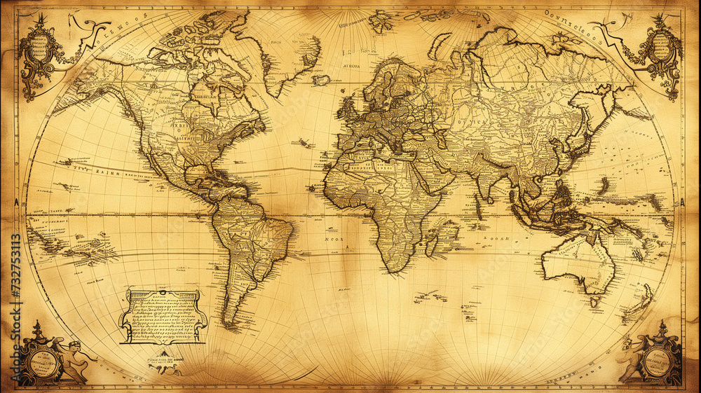 Sepia-toned vintage world map with elaborate borders