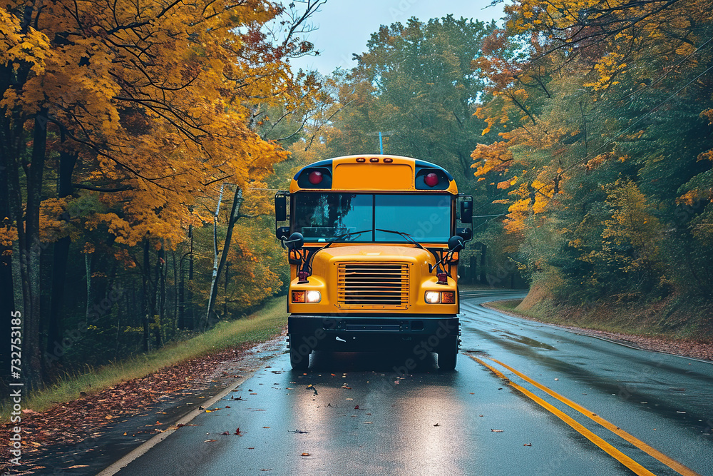 Yellow school bus on serene road