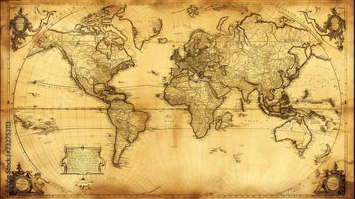 Sepia-toned vintage world map with elaborate borders