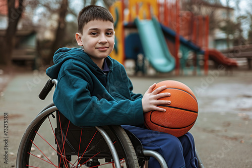 Disabled little boy sitting in wheelchair with ball on playground