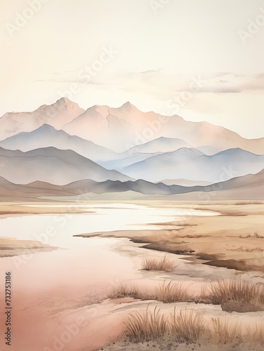 Muted Watercolor Mountain Ranges and Coastal Beach Scenes: Captivating Watercolor Art with Serene Coastal Landscapes. © Michael