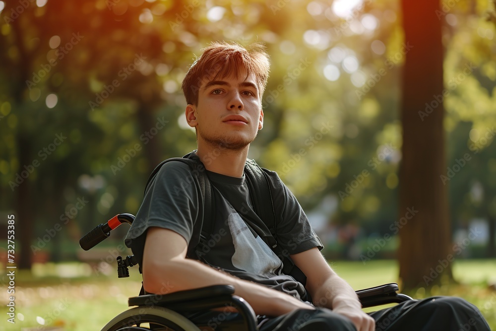 Fototapeta premium Young man in wheelchair in the park