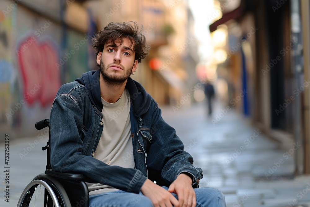 Young man in wheelchair in city street Young man in wheelchair in city street