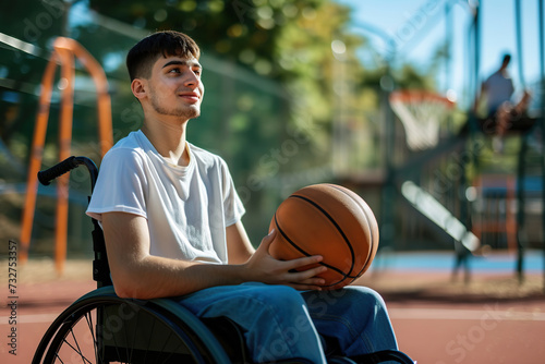 Disabled young man sitting in wheelchair with ball on playground