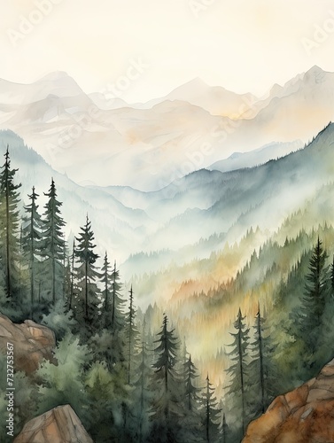 Muted Watercolor Mountain Range: Serene Countryside Art