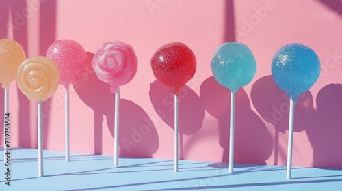 Playful arrangement of assorted lollipops, casting playful shadows on a pastel backdrop © yganko