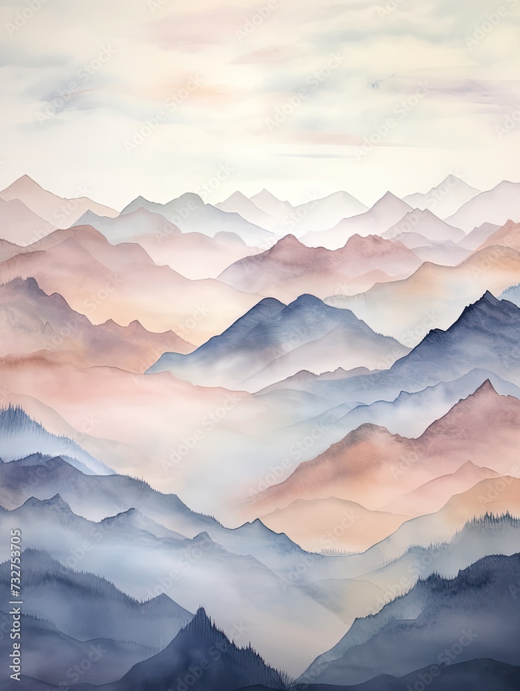 Muted Watercolor Mountain Ranges: Idyllic Islands in Serene Hues.