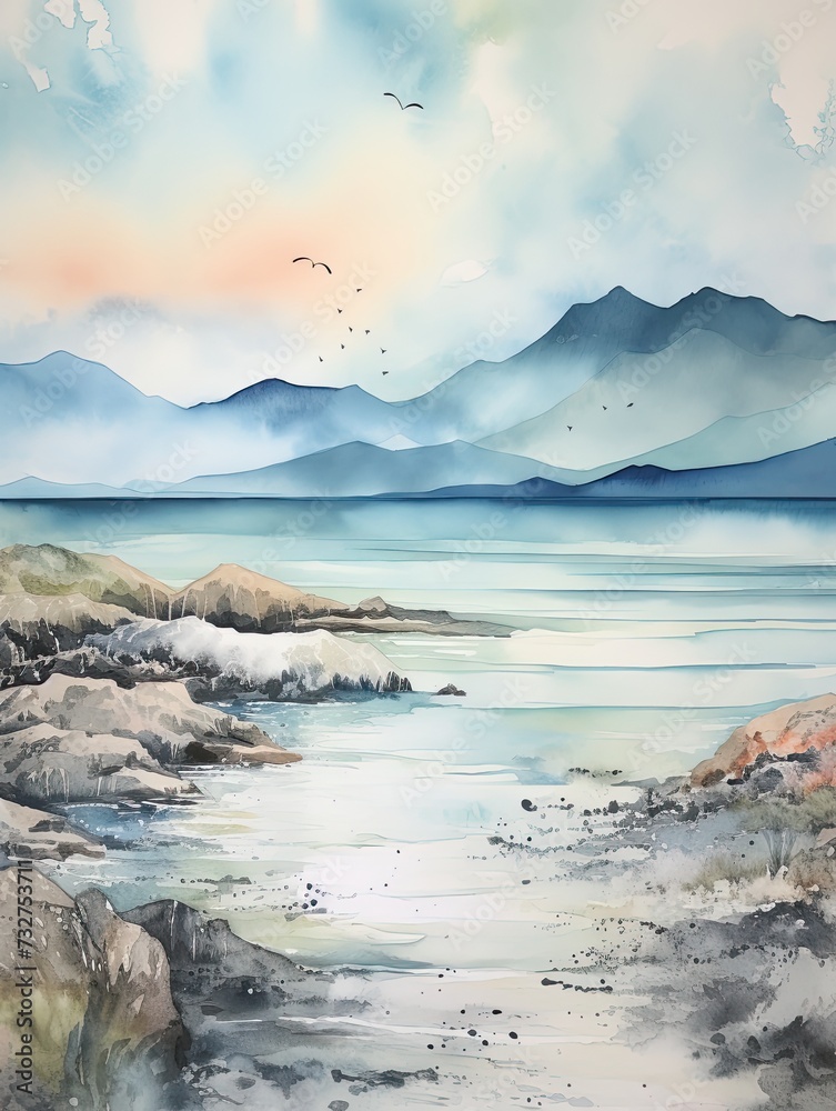 Muted Coastal Watercolor: Mountain Ranges Beach Scene Painting