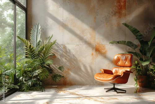 A solitary chair sits in a room surrounded by lush houseplants, the vibrant orange blooms in the window casting a warm glow on the serene scene