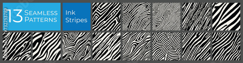 Diagonal lines seamless zebra pattern set. Abstract deco graphic background. Ink painted vector pattern collection.