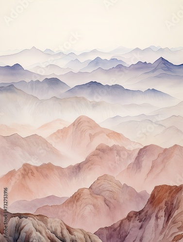 Muted Watercolor Mountain Ranges Panorama Landscape Print - Wide View Watercolor Mountains