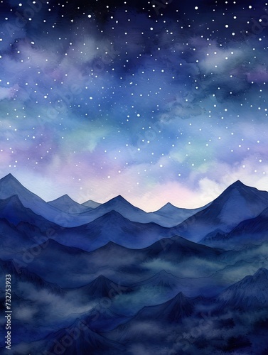 Muted Watercolor Night Sky: Majestic Mountain Ranges under the Soft Starry Skies