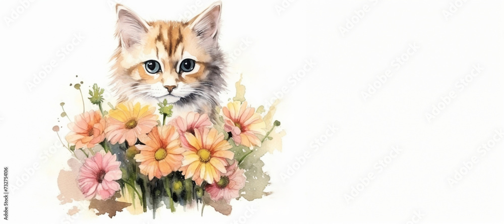 cute red kitten holds bouquet of flowers in pastel colors on a white background,place for text, a watercolor illustration, a concept for advertising pet products, greeting cards and festive decoration