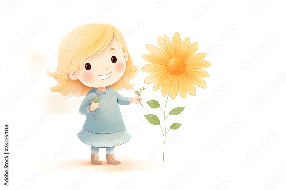 cartoon girl with blonde hair ,holding a yellow flower and smiling,delicate pastel colors,illustration,concept of children's goods and services,design of postcards and books,festive materials cartoon girl with blonde hair ,holding a yellow flower and smiling,delicate pastel colors,illustration,concept of children's goods and services,design of postcards and books,festive materials