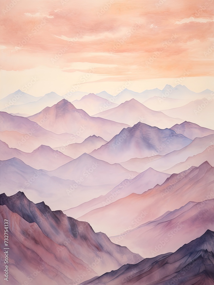 Muted Watercolor Mountain Ranges at Sunset: Captivating Pastel Sunsets in the Scenic Wilderness