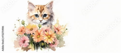 cute red kitten holds bouquet of flowers in pastel colors on a white background place for text  a watercolor illustration  a concept for advertising pet products  greeting cards and festive decoration