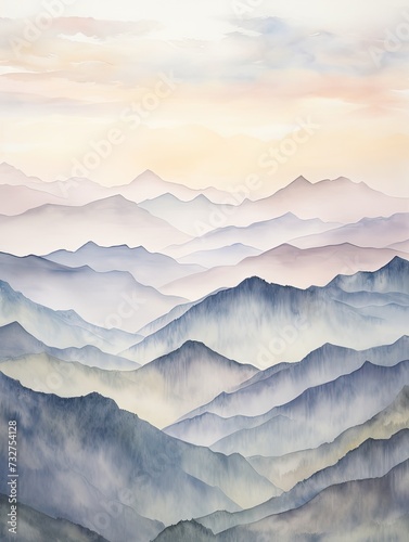 Muted Watercolor Mountain Ranges: A Scenic Symphony in Picturesque Prints