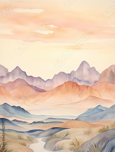 Muted Watercolor Mountain Ranges: Tropical Beach Art of Mountains near Watercolor Beaches