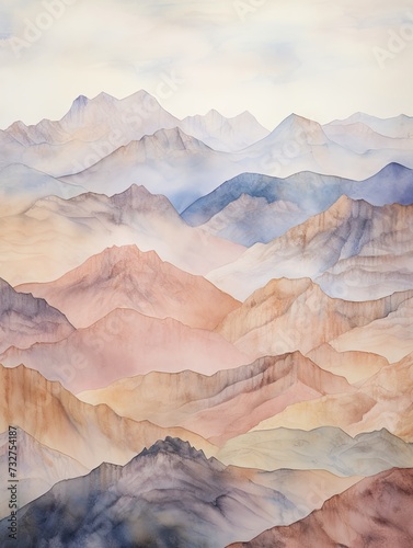 Muted Watercolor Mountain Ranges: Captivating Valleys and Peaks