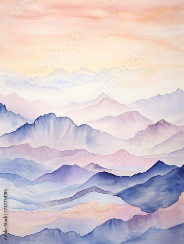 Muted Watercolor Mountain Ranges: Tropical Beach Art & Mountains