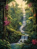 Nature Print: Oasis Landscape with Cascading Waterfall and Jungle Scene Art