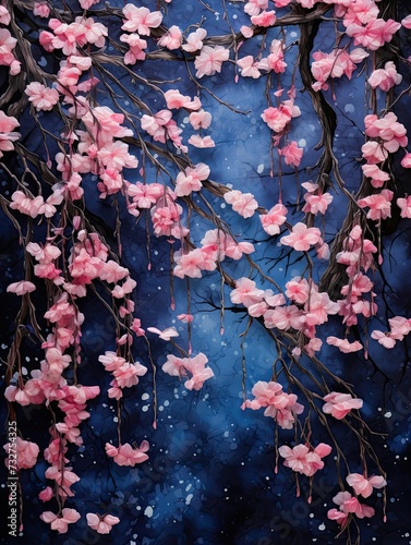 Night Sky Artwork: Cascading Cherry Blossom Petals - Nature's Botanical View
