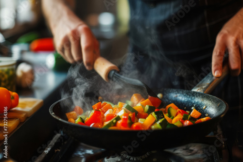 Man cooking vegetables in frying pan, Close up shot of male hands mixing vegetables in wok, Ingredients for healthy diet, Lunch for vegetarian