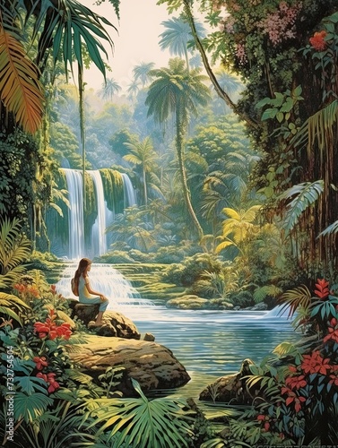Oasis Print  Enchanting Cascading Waterfall Art in a Lush Tropical Jungle Scene